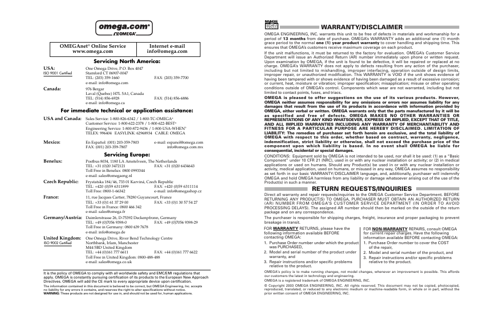 Warranty/disclaimer, Return requests/inquiries | Omega HHT21A User Manual | Page 2 / 6