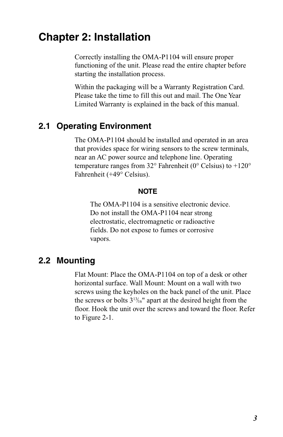 Chapter 2: installation, 1 operating environment, 2 mounting | Omega OMA-P1104 User Manual | Page 17 / 102