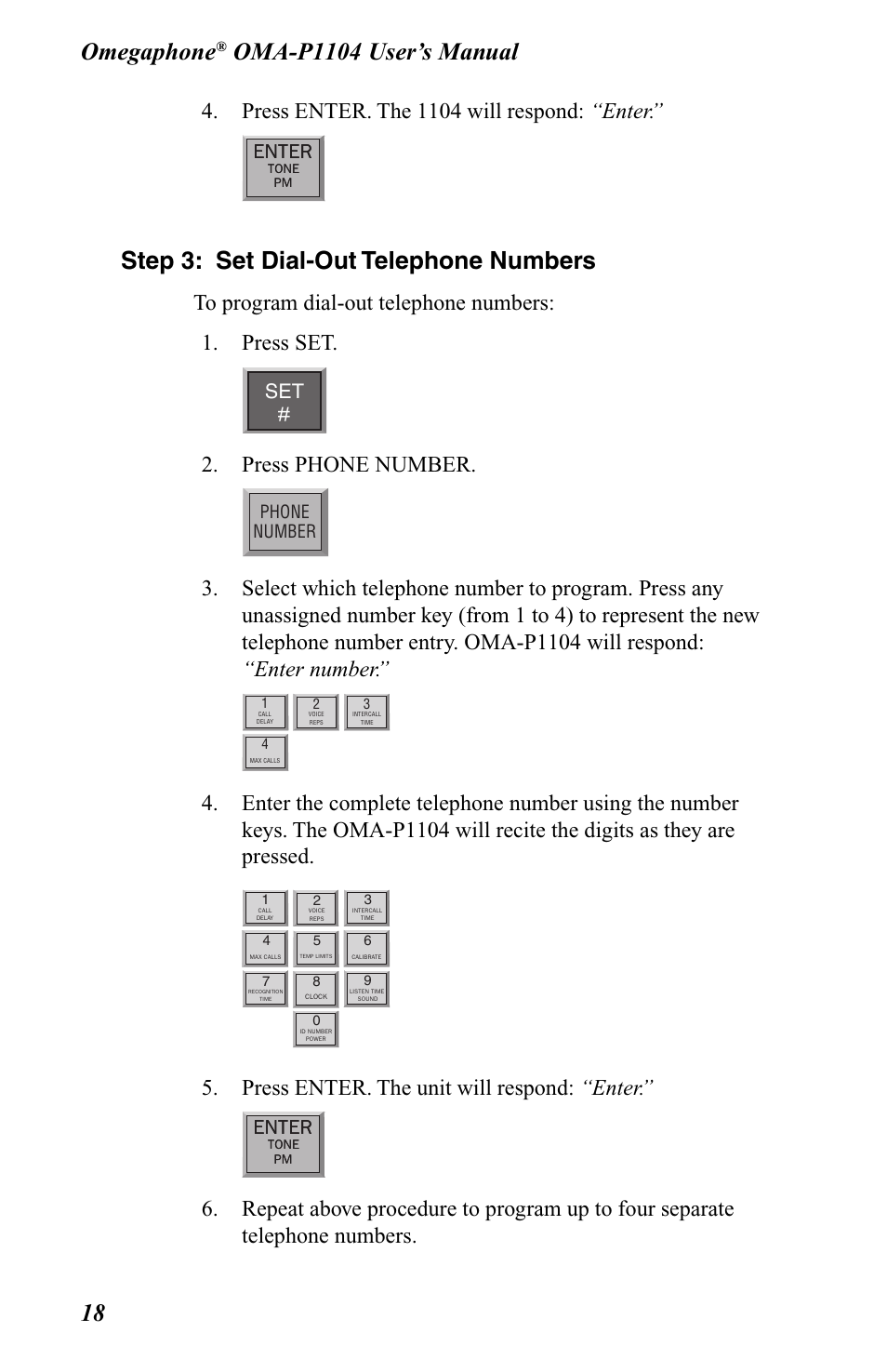 Step 3: set dial-out telephone numbers, Omegaphone, Press enter. the 1104 will respond: “enter | Press phone number, Press enter. the unit will respond: “enter, Enter, Phone number | Omega OMA-P1104 User Manual | Page 32 / 102