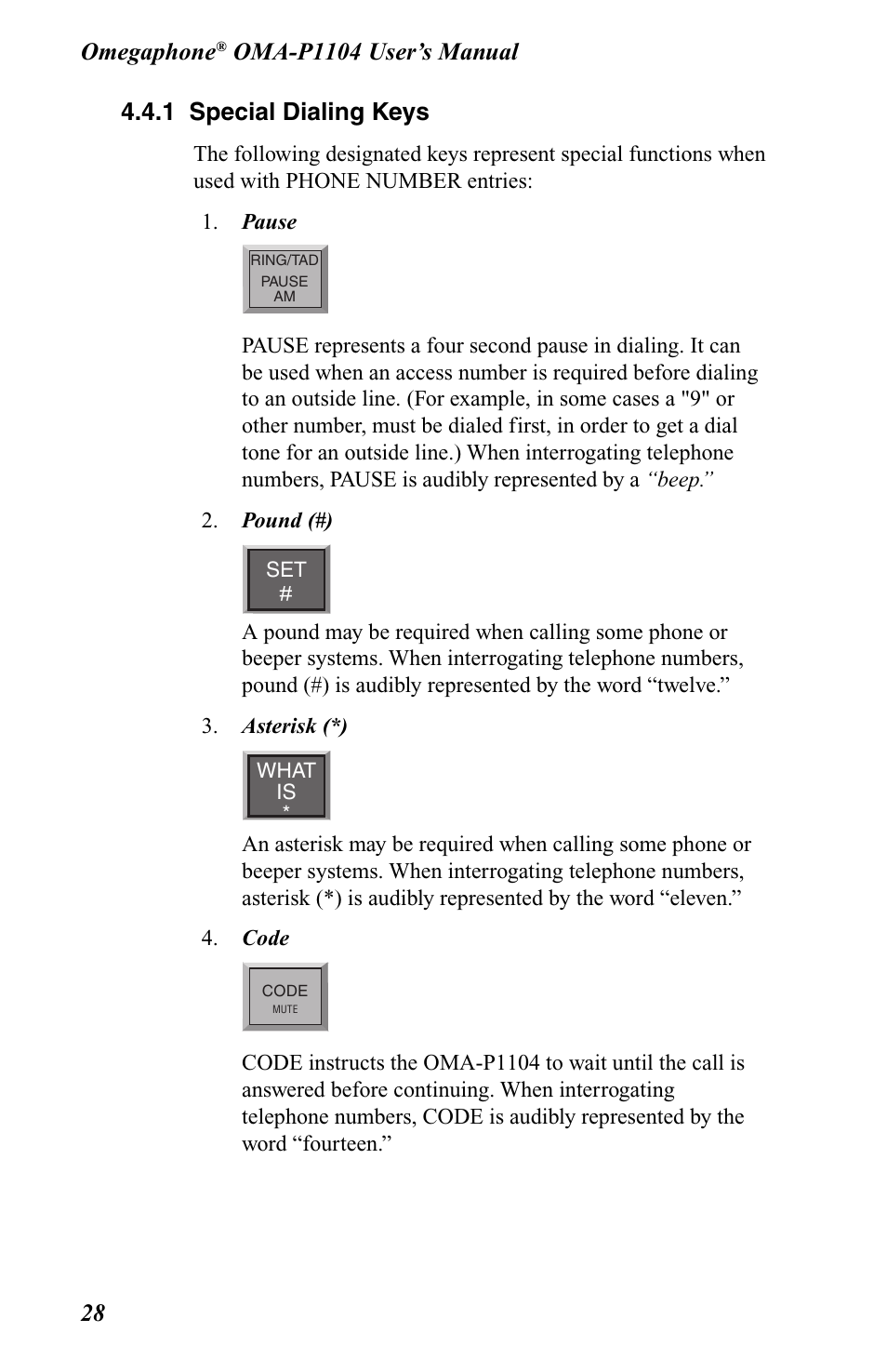 1 special dialing keys, Omegaphone | Omega OMA-P1104 User Manual | Page 42 / 102