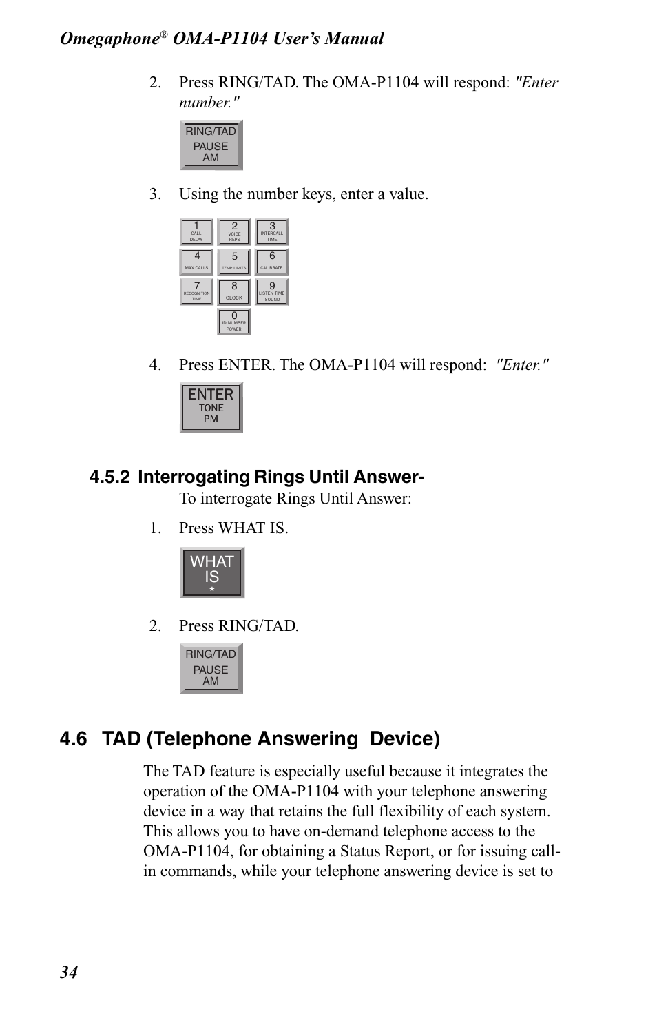 2 interrogating rings until answer, 6 tad (telephone answering device), Omegaphone | Using the number keys, enter a value, Press enter. the oma-p1104 will respond: "enter, Press ring/tad, Enter, What is | Omega OMA-P1104 User Manual | Page 48 / 102