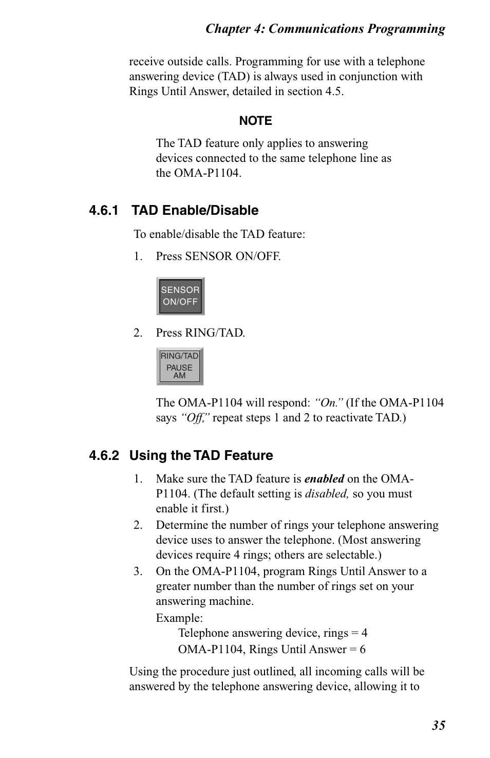 1 tad enable/disable, 2 using the tad feature | Omega OMA-P1104 User Manual | Page 49 / 102