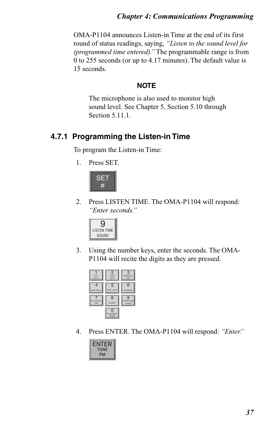 1 programming the listen-in time, Chapter 4: communications programming 37, Press enter. the oma-p1104 will respond: “enter | Enter | Omega OMA-P1104 User Manual | Page 51 / 102