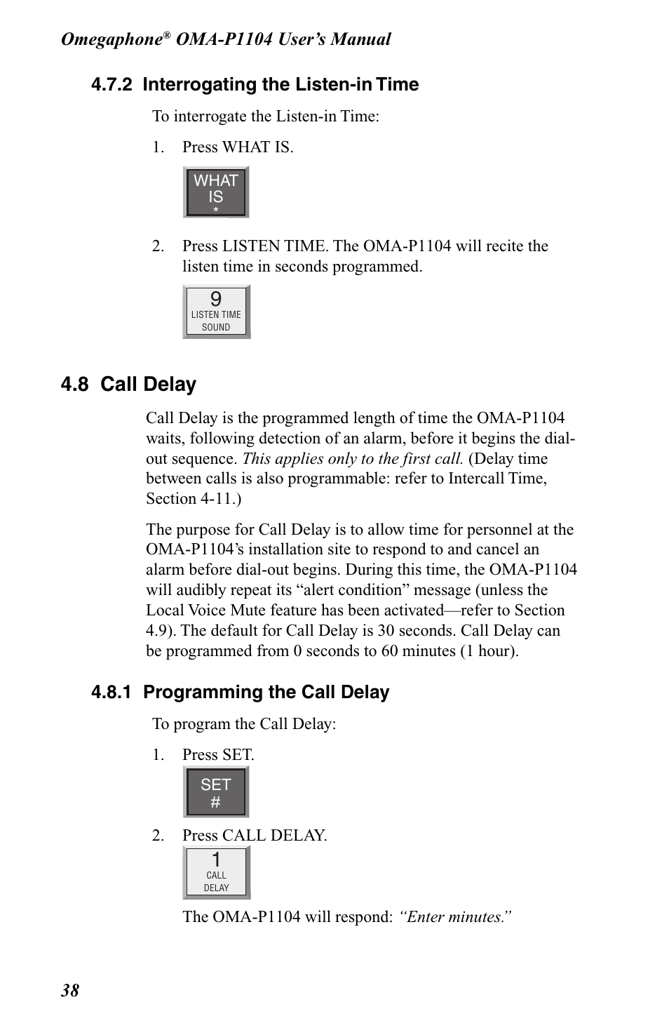 2 interrogating the listen-in time, 8 call delay, 1 programming the call delay | Omega OMA-P1104 User Manual | Page 52 / 102