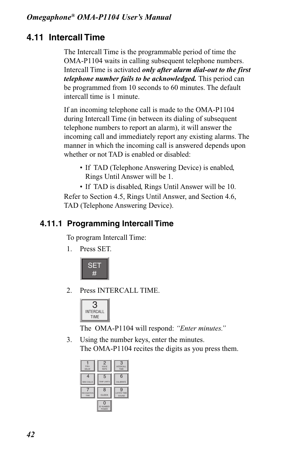 11 intercall time, 1 programming intercall time, Omegaphone | Press intercall time | Omega OMA-P1104 User Manual | Page 56 / 102