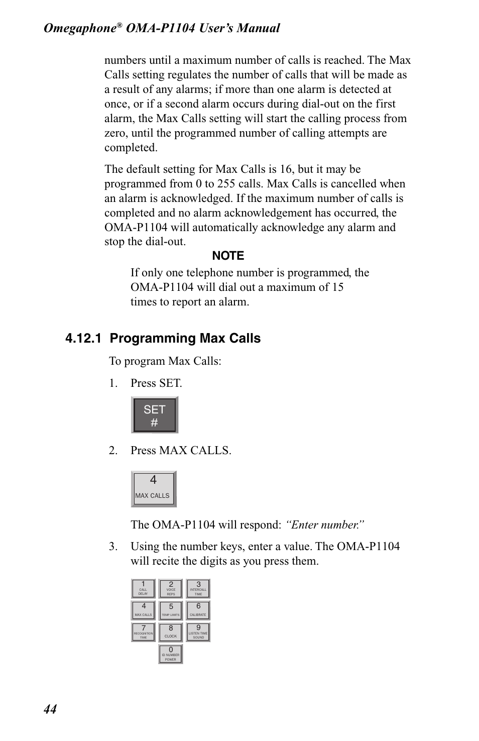 1 programming max calls, Omegaphone, Press max calls. 4 | Omega OMA-P1104 User Manual | Page 58 / 102