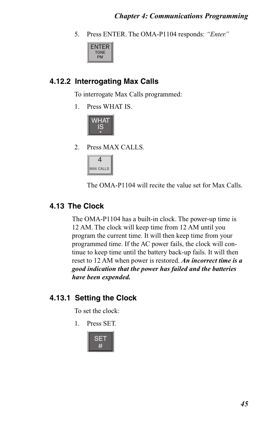 2 interrogating max calls, 13 the clock, 1 setting the clock | Chapter 4: communications programming 45 | Omega OMA-P1104 User Manual | Page 59 / 102