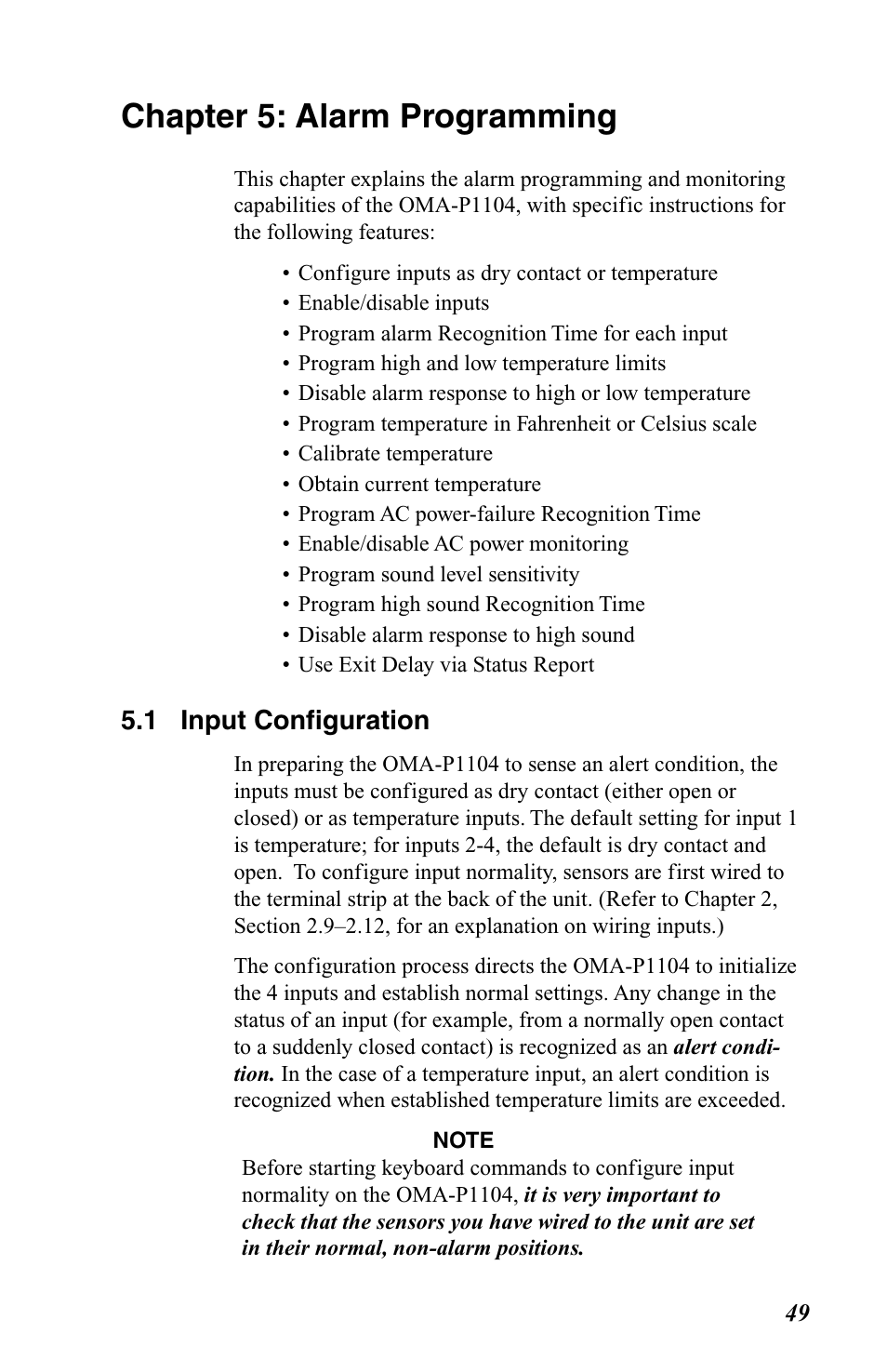 Chapter 5: alarm programming, 1 input configuration | Omega OMA-P1104 User Manual | Page 63 / 102