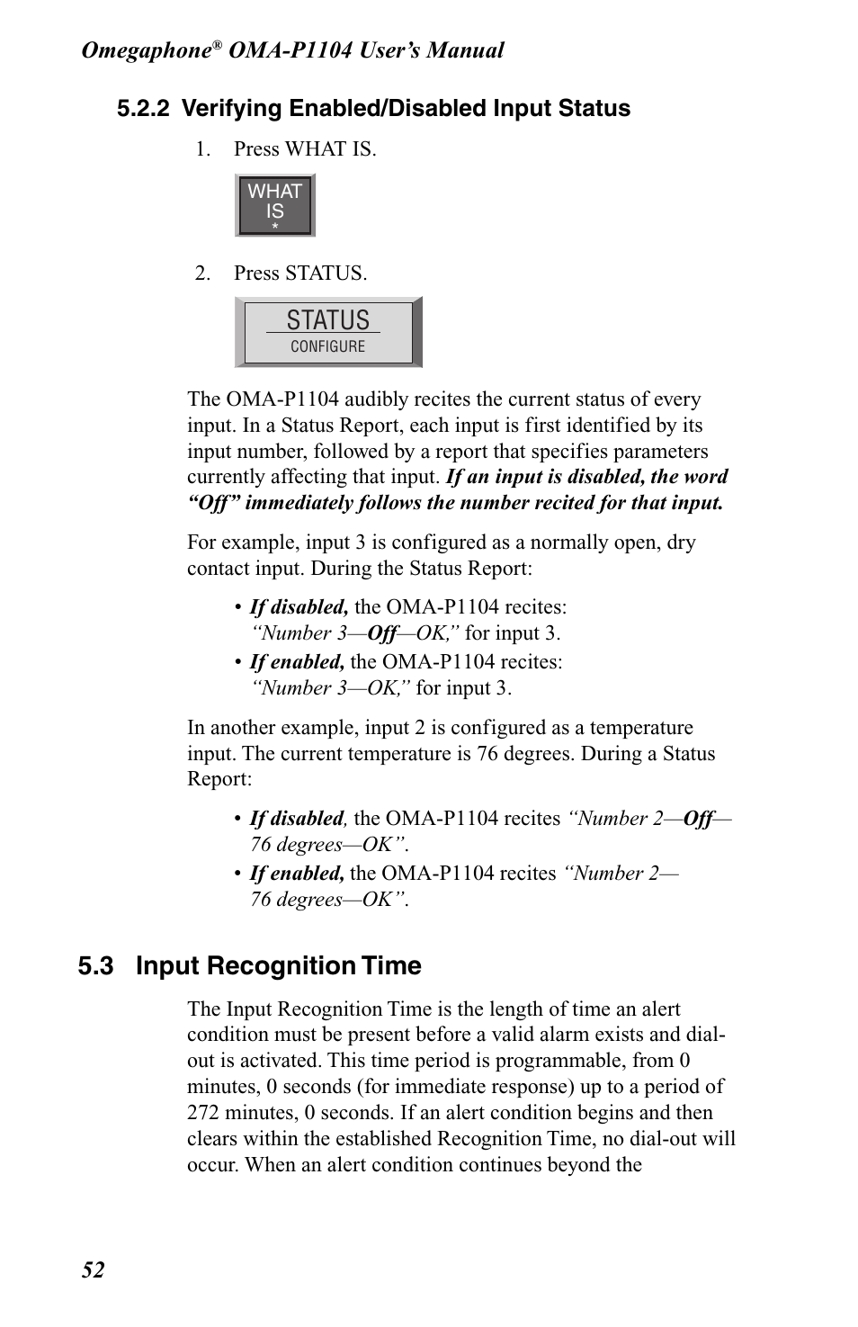 2 verifying enabled/disabled input status, 3 input recognition time, Status | Omega OMA-P1104 User Manual | Page 66 / 102