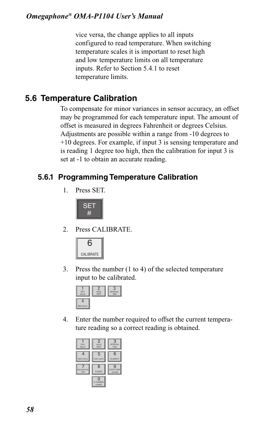 6 temperature calibration, 1 programming temperature calibration, Omegaphone | Press set, Press calibrate | Omega OMA-P1104 User Manual | Page 72 / 102