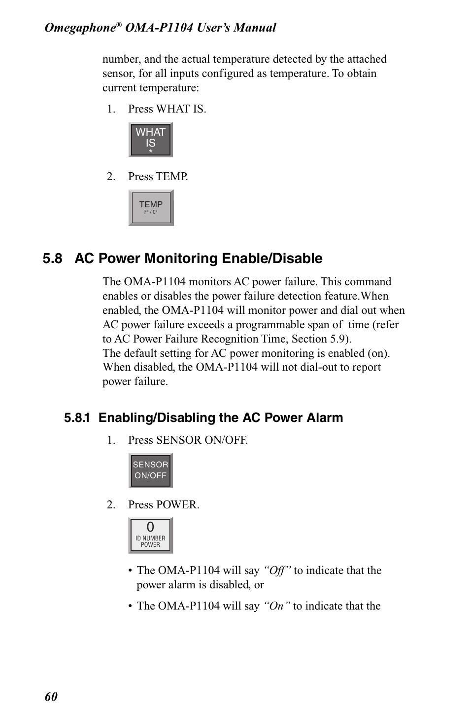 8 ac power monitoring enable/disable, 1 enabling/disabling the ac power alarm, Omegaphone | Omega OMA-P1104 User Manual | Page 74 / 102