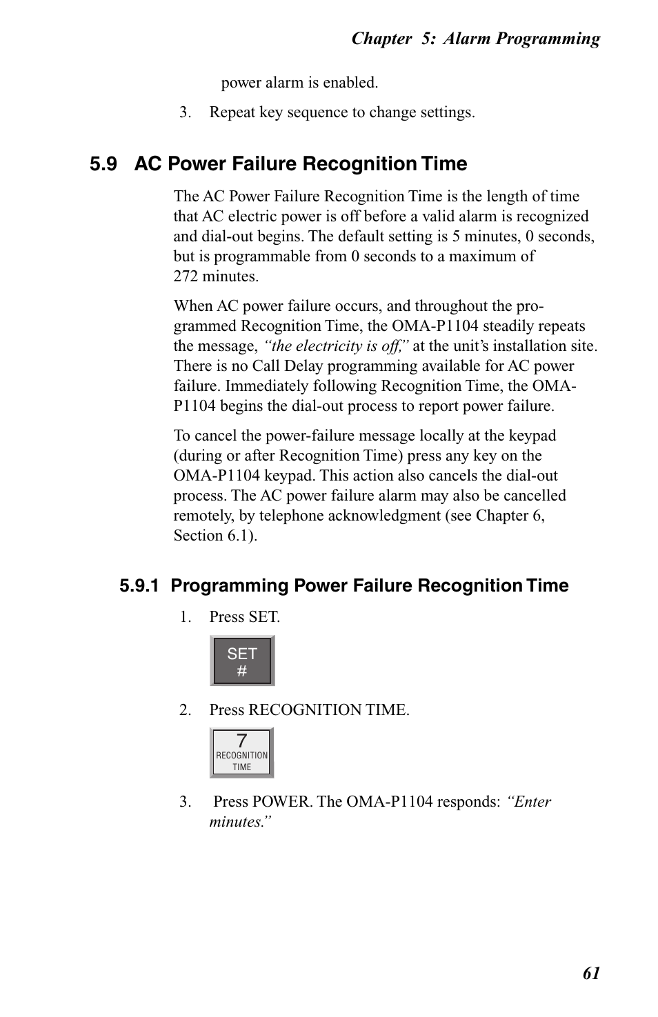 9 ac power failure recognition time, 1 programming power failure recognition time | Omega OMA-P1104 User Manual | Page 75 / 102