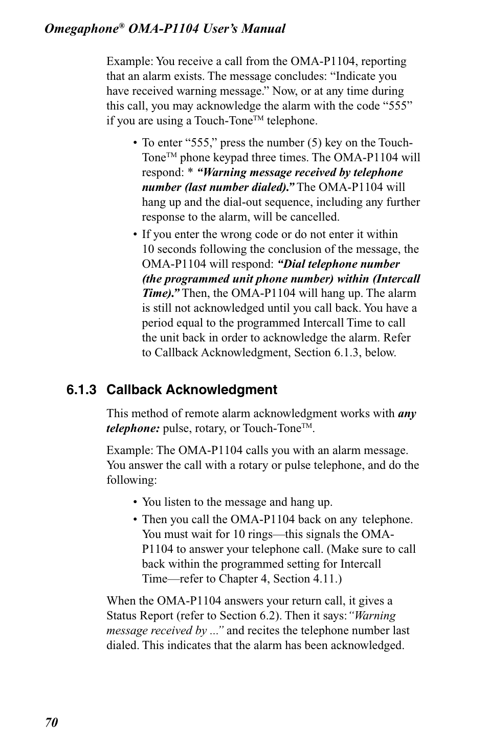 3 callback acknowledgment, Omegaphone | Omega OMA-P1104 User Manual | Page 84 / 102