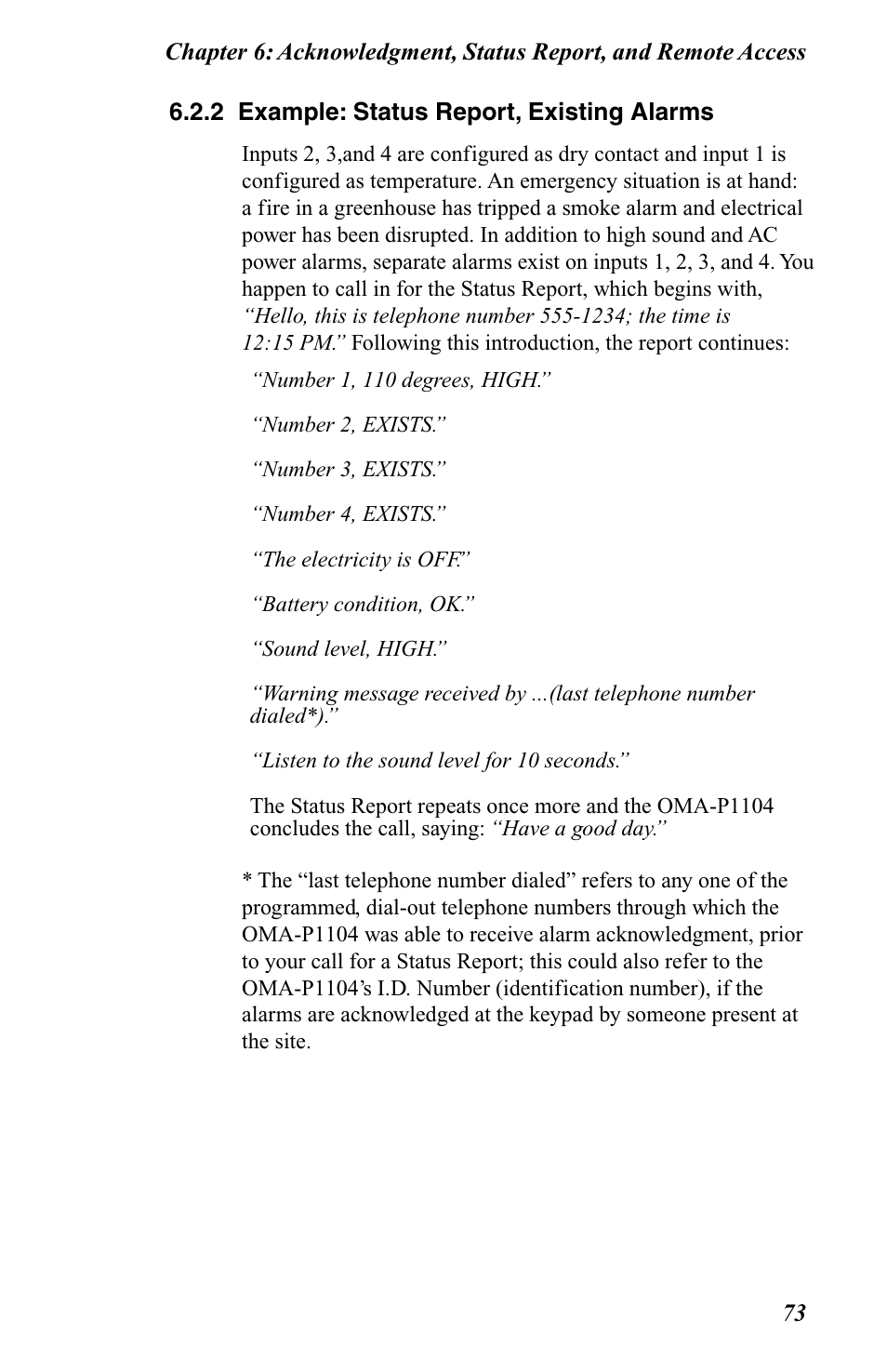 2 example: status report, existing alarms | Omega OMA-P1104 User Manual | Page 87 / 102