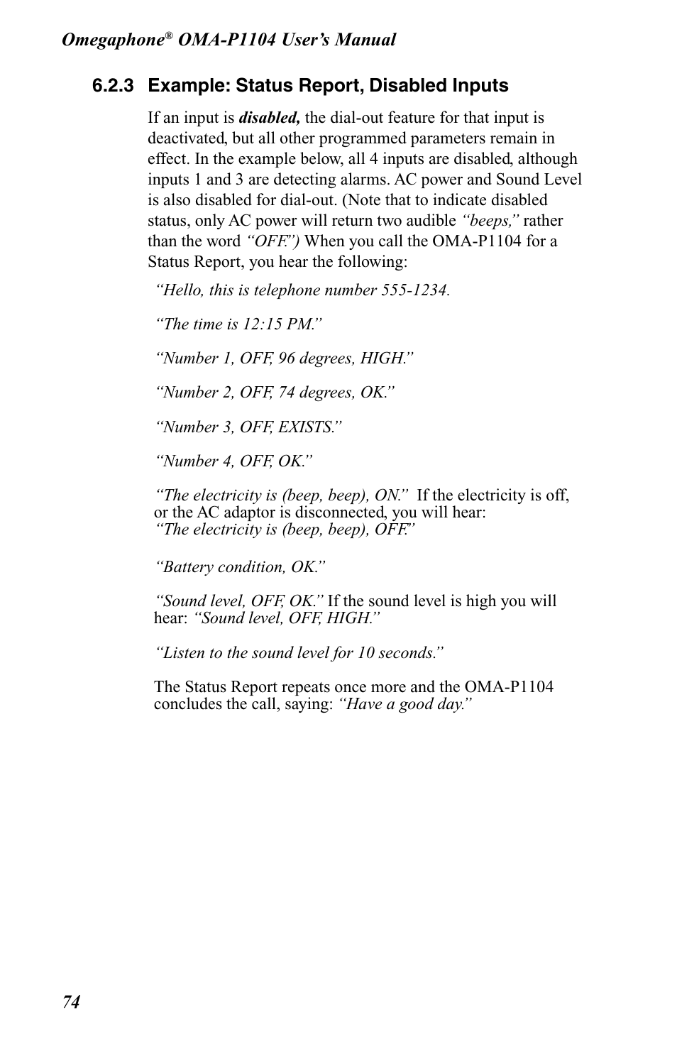 3 example: status report, disabled inputs | Omega OMA-P1104 User Manual | Page 88 / 102