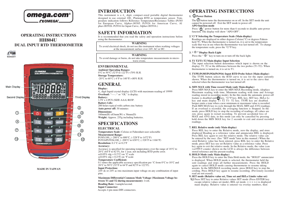 Omega HH804U User Manual | 2 pages