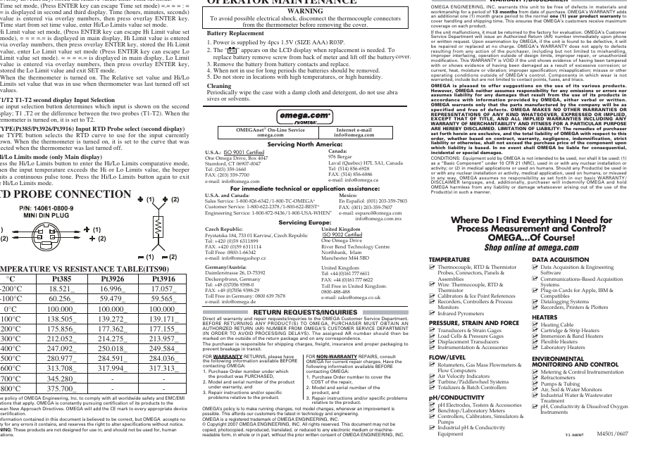 Td probe connection, Operator maintenance | Omega HH804U User Manual | Page 2 / 2