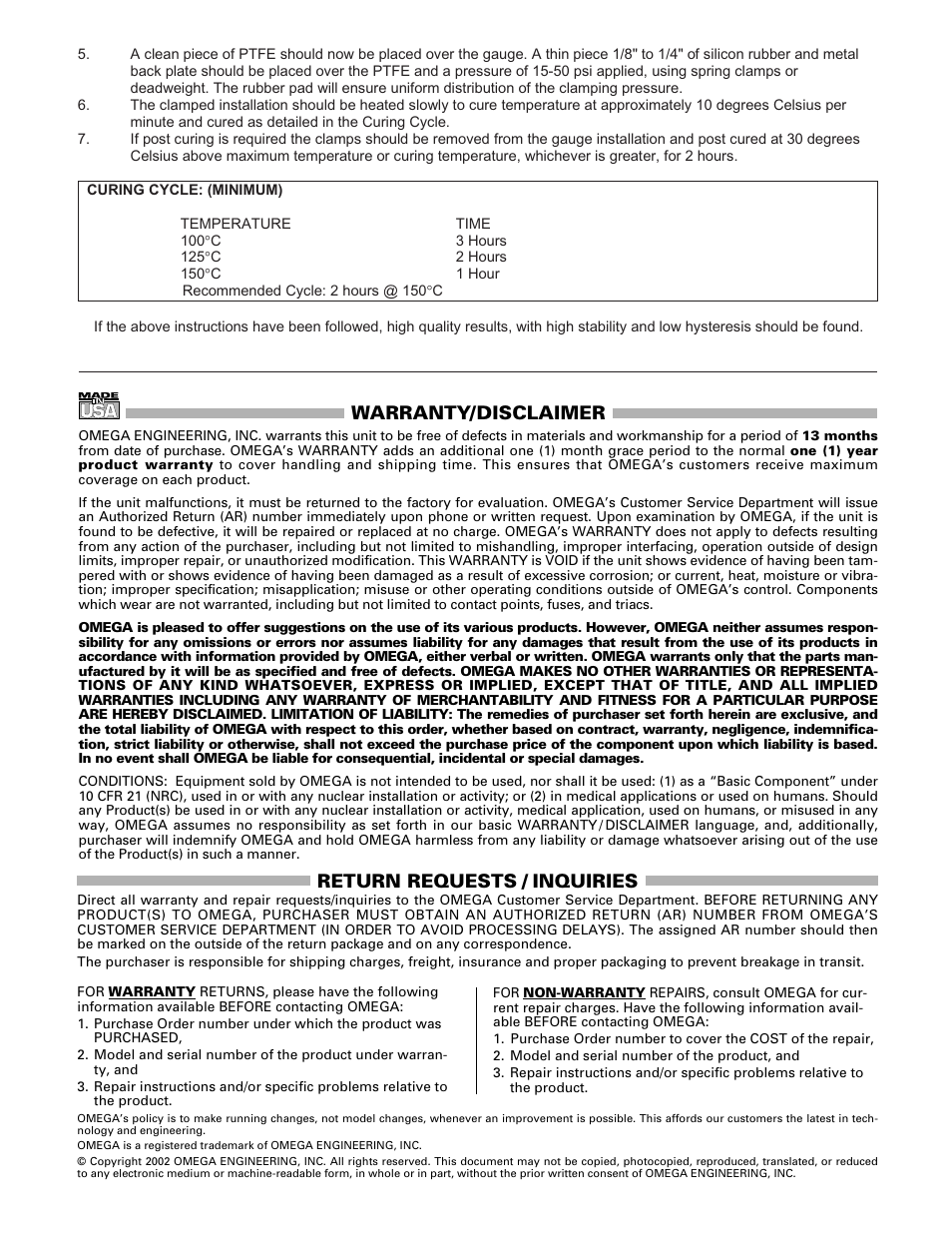 Warranty/disclaimer, Return requests / inquiries | Omega TT300 User Manual | Page 3 / 4