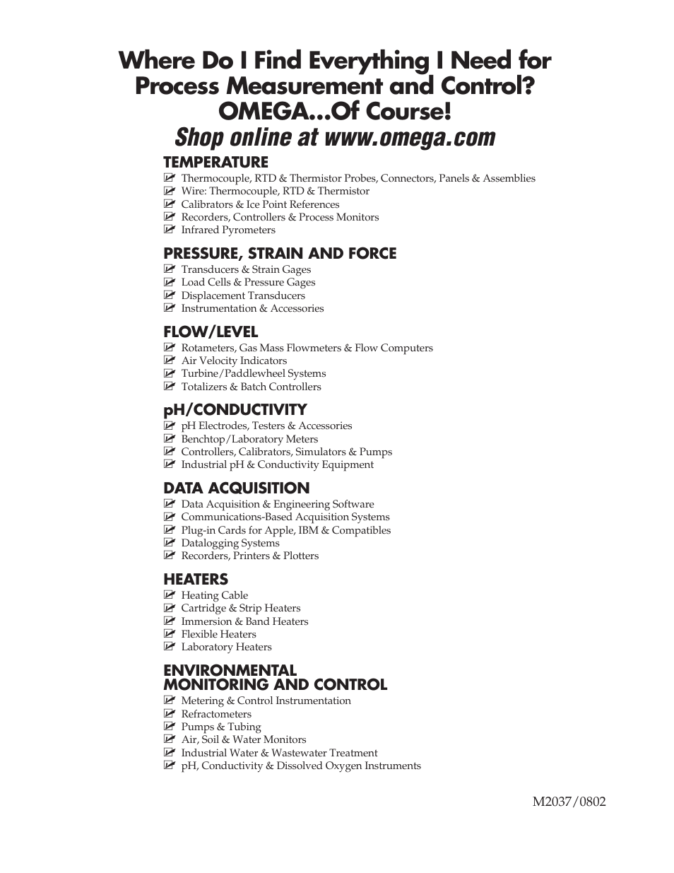 Temperature, Pressure, strain and force, Flow/level | Ph/conductivity, Data acquisition, Heaters, Environmental monitoring and control | Omega TT300 User Manual | Page 4 / 4