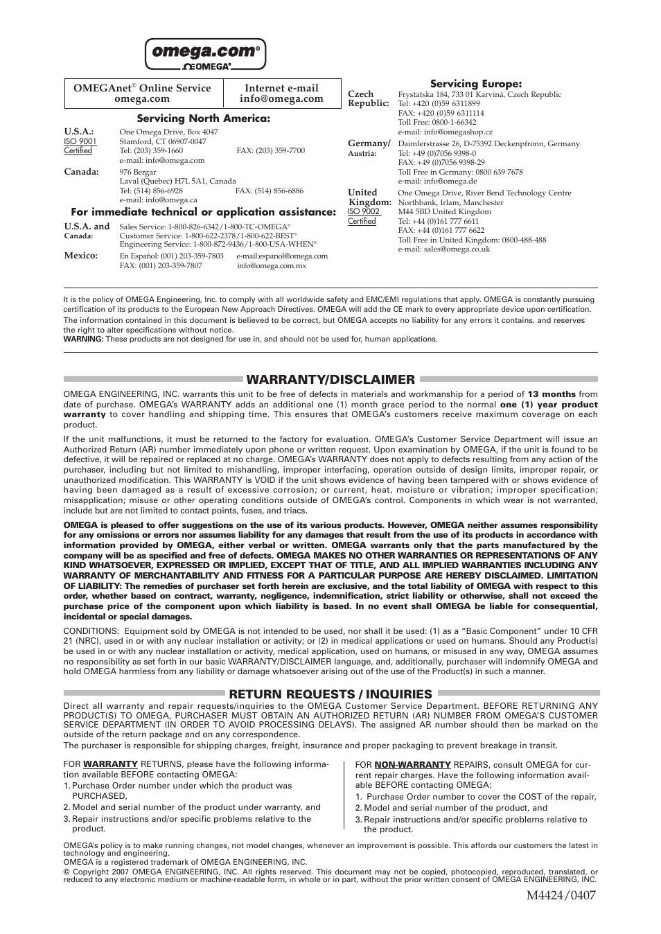 Warranty/disclaimer, Return requests / inquiries | Omega OS423-LS User Manual | Page 4 / 4