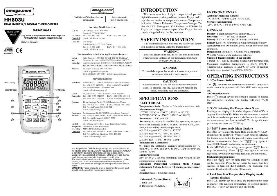 Omega HH803U User Manual | 2 pages