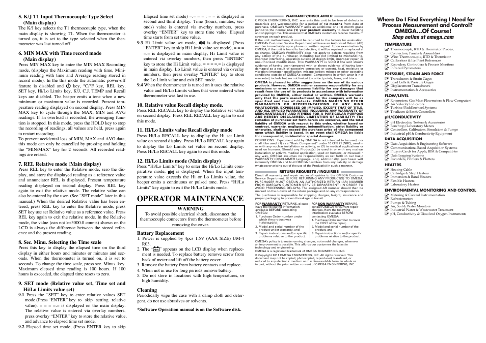 Operator maintenance | Omega HH803U User Manual | Page 2 / 2