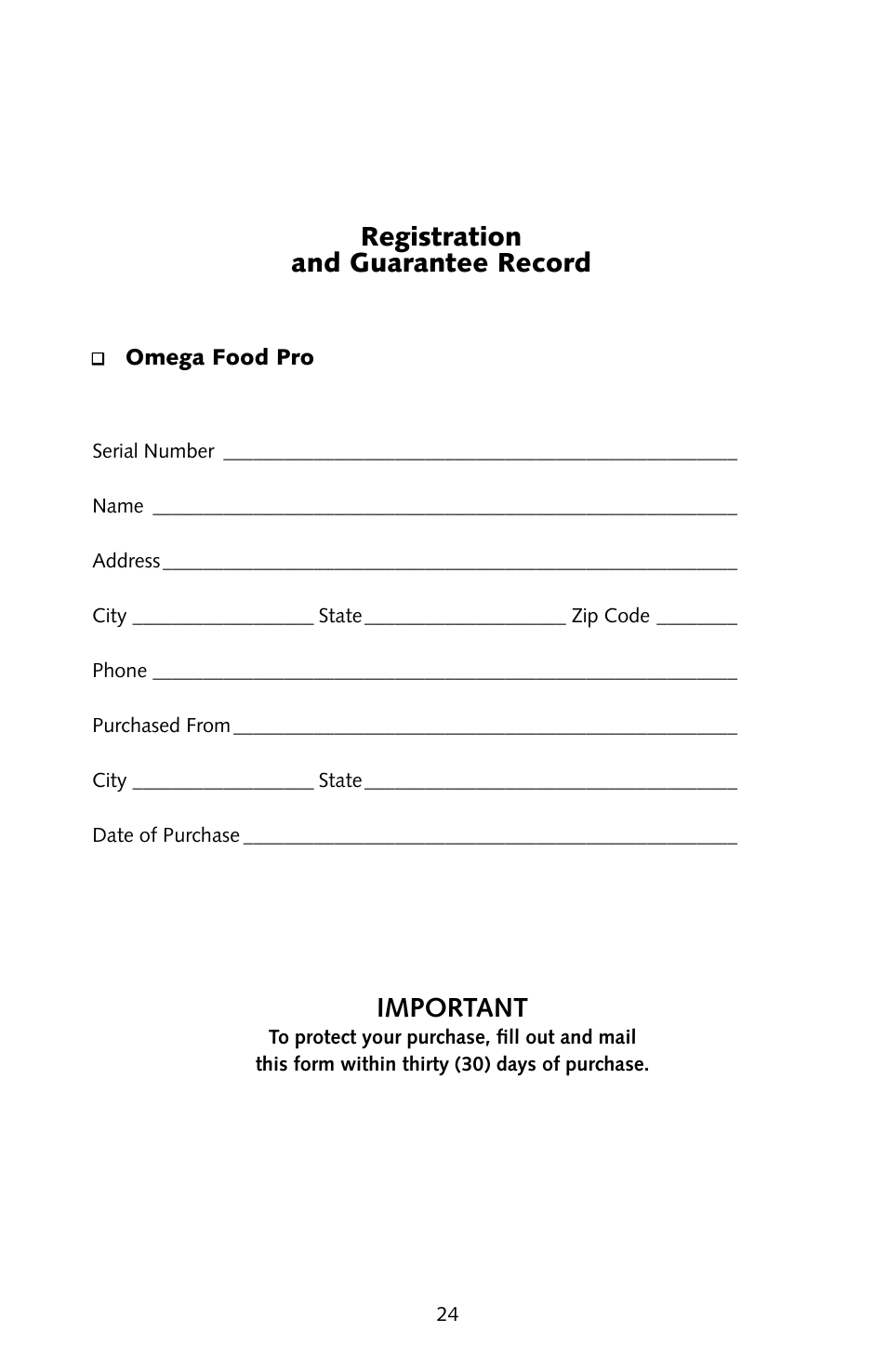 Registration and guarantee record important | Omega FoodPro User Manual | Page 23 / 24