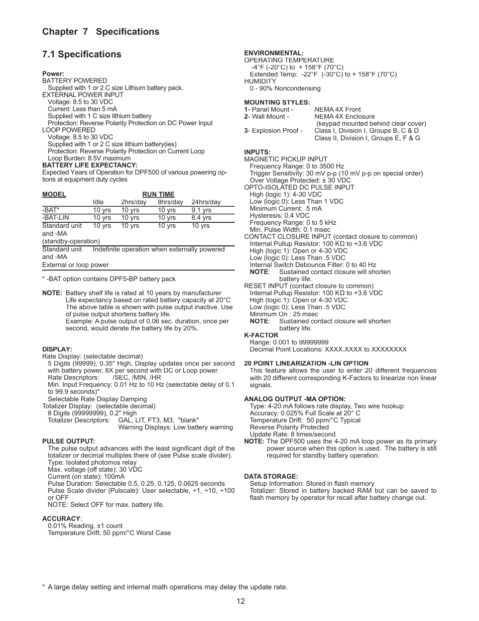 Chapter 7 speciﬁ cations, 1 speciﬁ cations | Omega DPF500 Series User Manual | Page 16 / 18