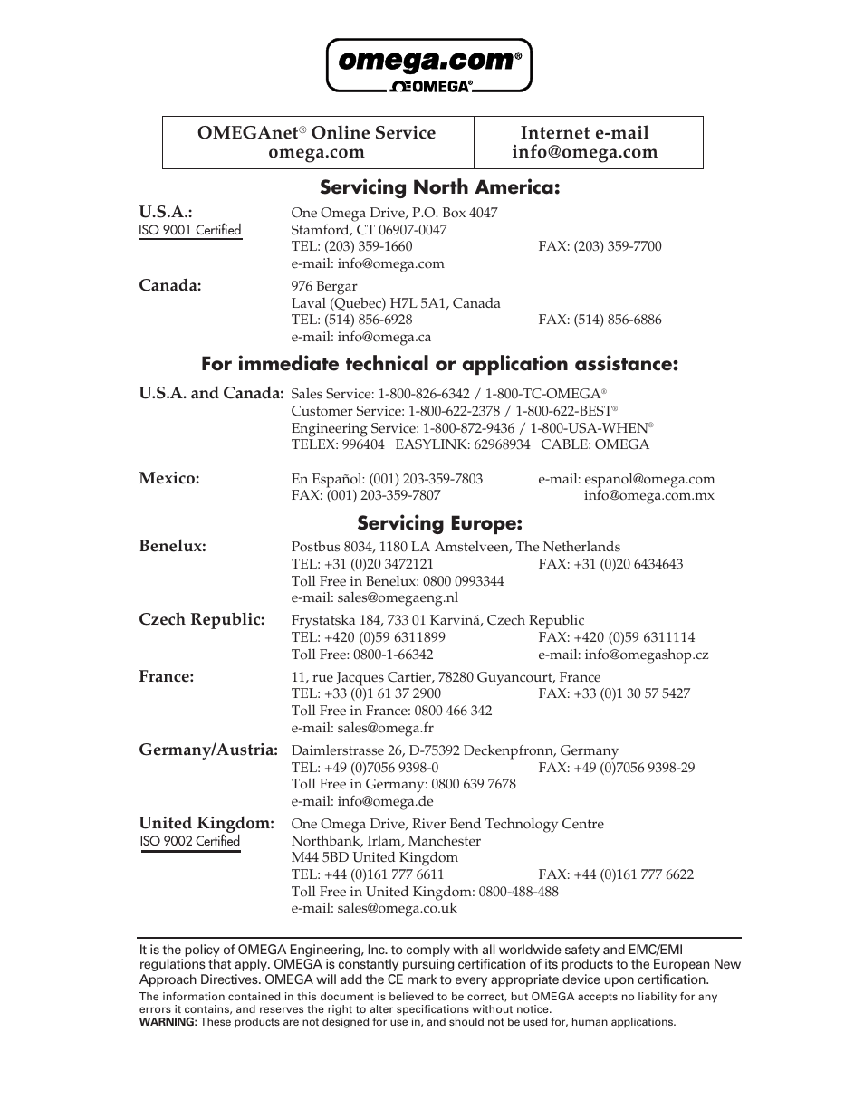 Servicing north america, For immediate technical or application assistance, Servicing europe | Omeganet | Omega DPF500 Series User Manual | Page 2 / 18