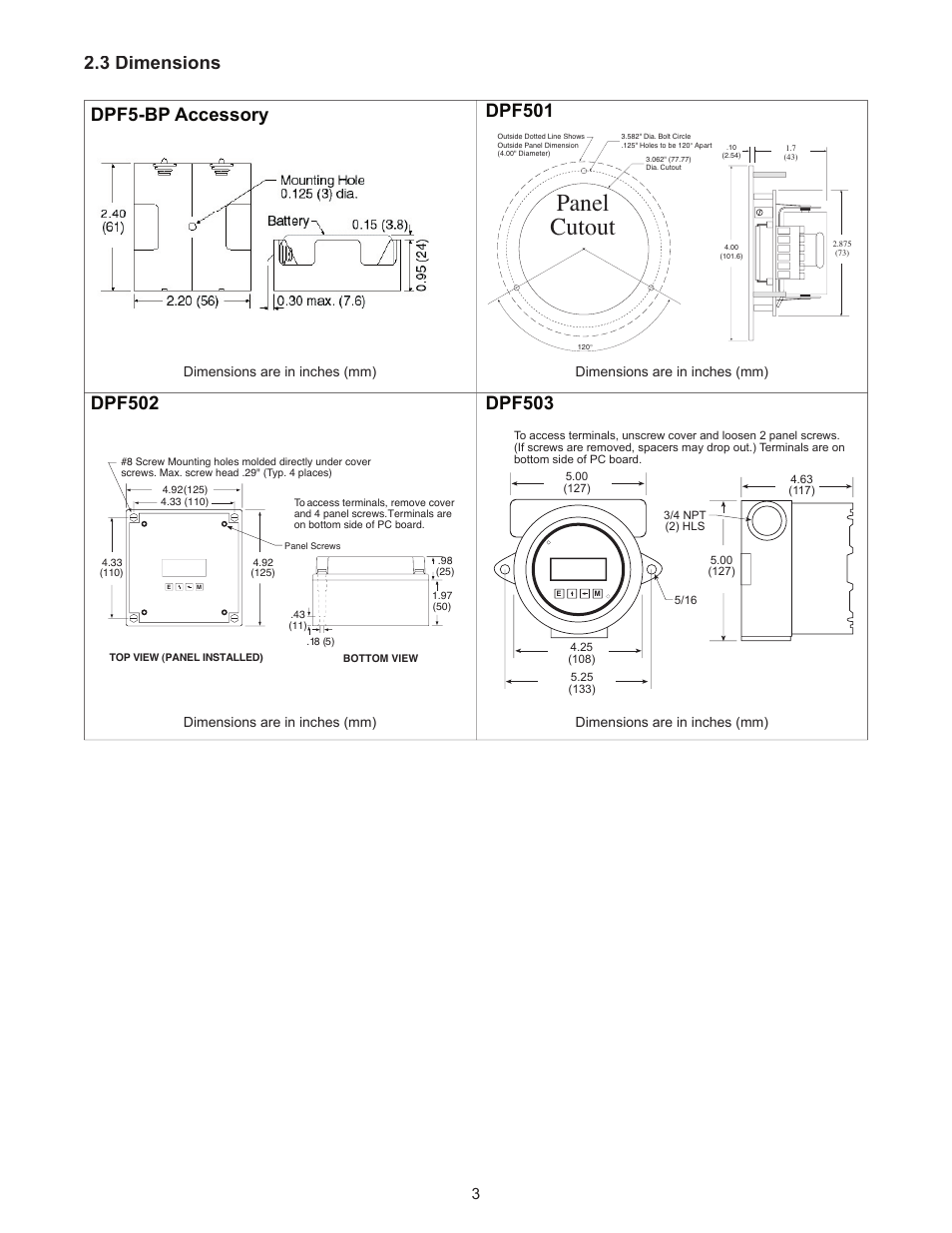 Panel cutout | Omega DPF500 Series User Manual | Page 7 / 18