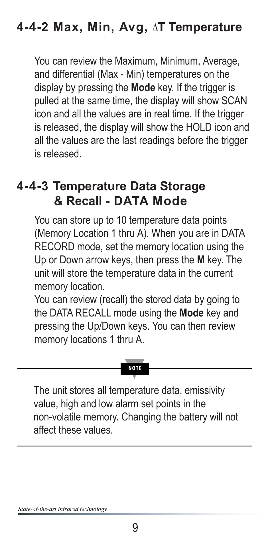 4-2 max, min, avg, ∆t temperature, 4-3 temperature data storage & recall - data mode | Omega OSXL685 User Manual | Page 12 / 20