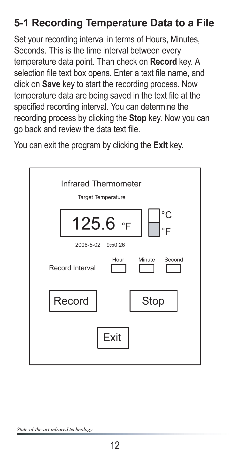 Record exit stop, 12 5-1 recording temperature data to a file | Omega OSXL685 User Manual | Page 15 / 20