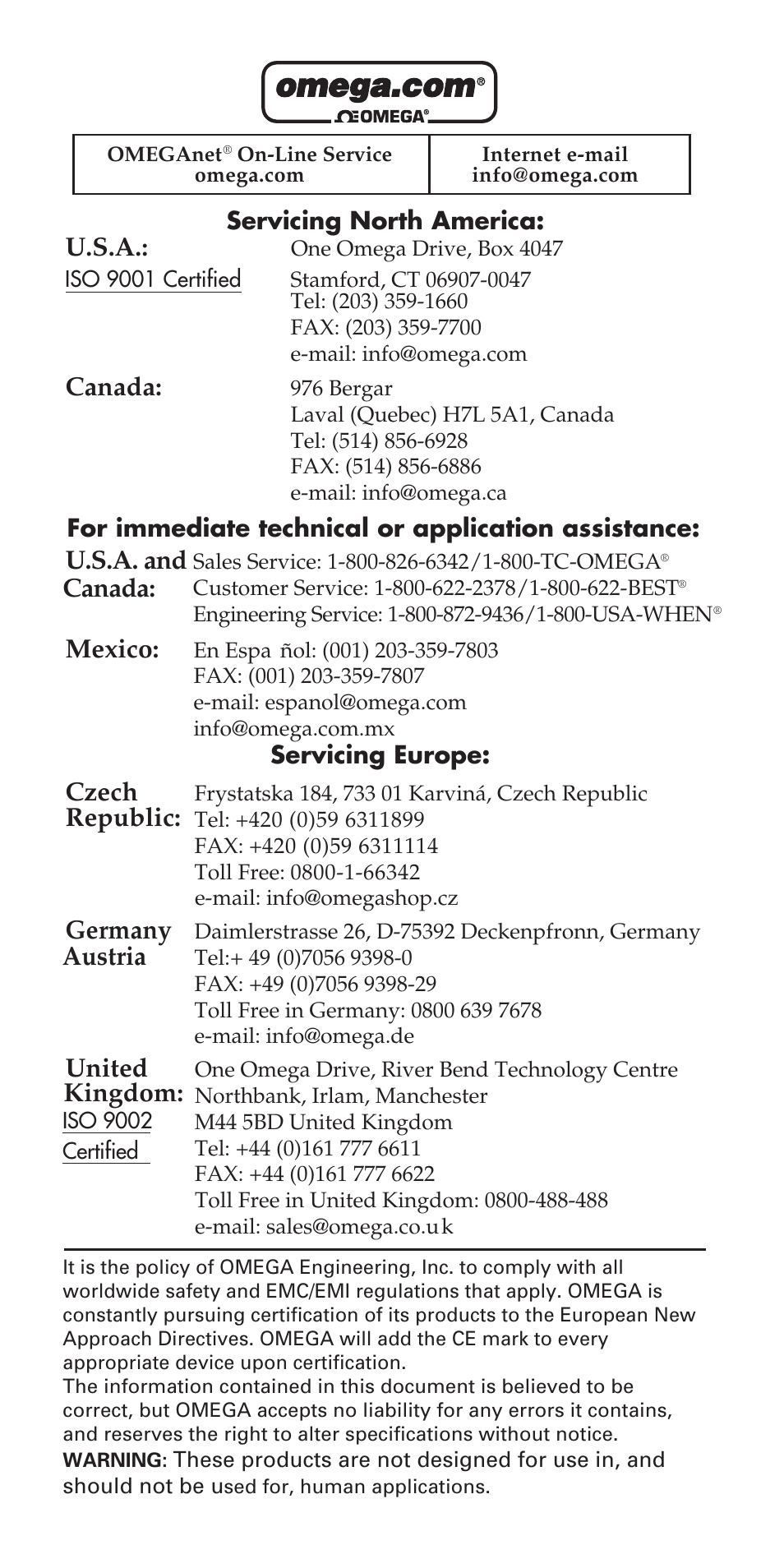 U.s.a, Canada, U.s.a. and canada | Mexico, Czech republic, Germany austria, United kingdom | Omega OSXL685 User Manual | Page 2 / 20