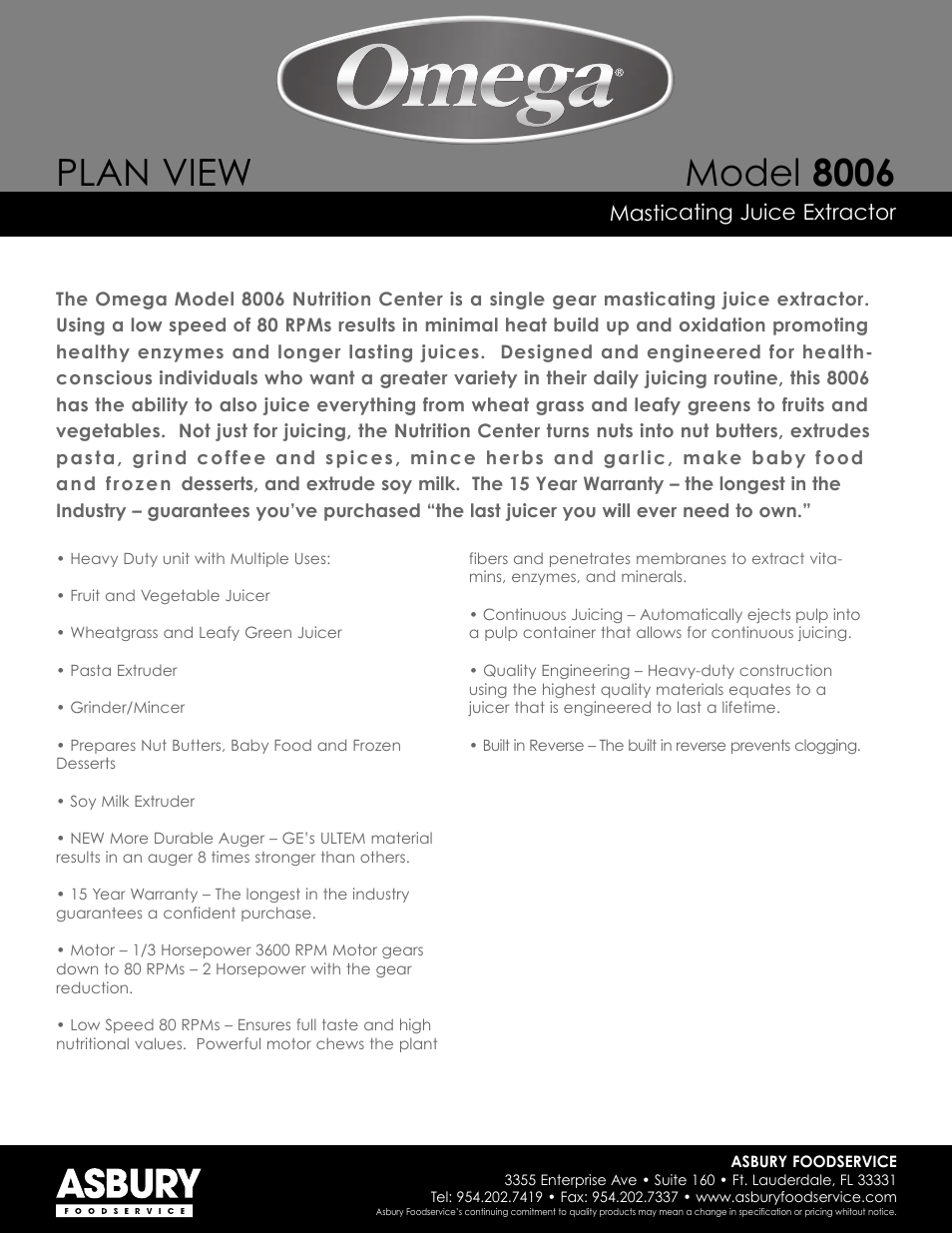 Plan view, Model 8006, Masticating juice extractor | Omega Nutrition Center 8006 User Manual | Page 2 / 2