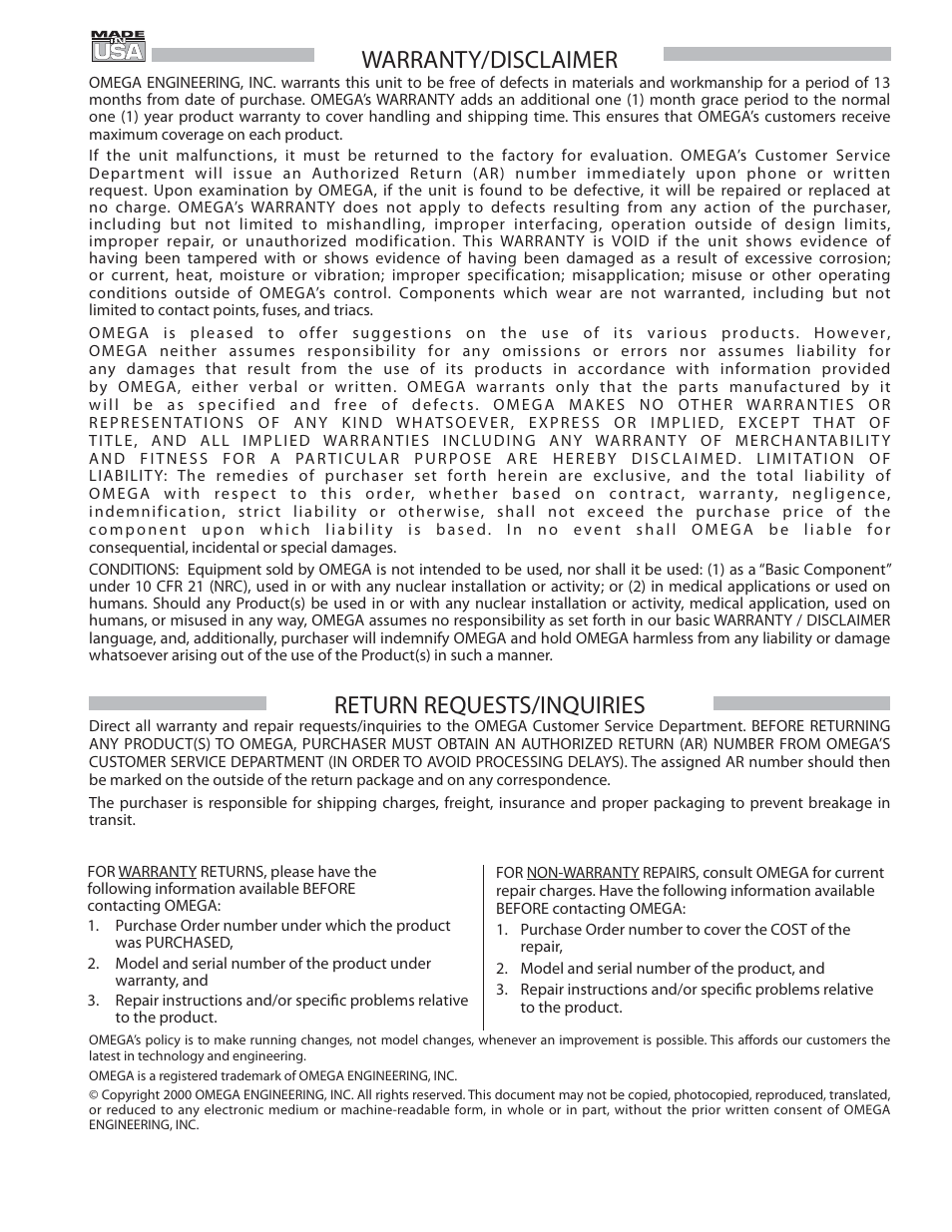 Warranty/disclaimer, Return requests/inquiries | Omega CDTX-90 User Manual | Page 19 / 20