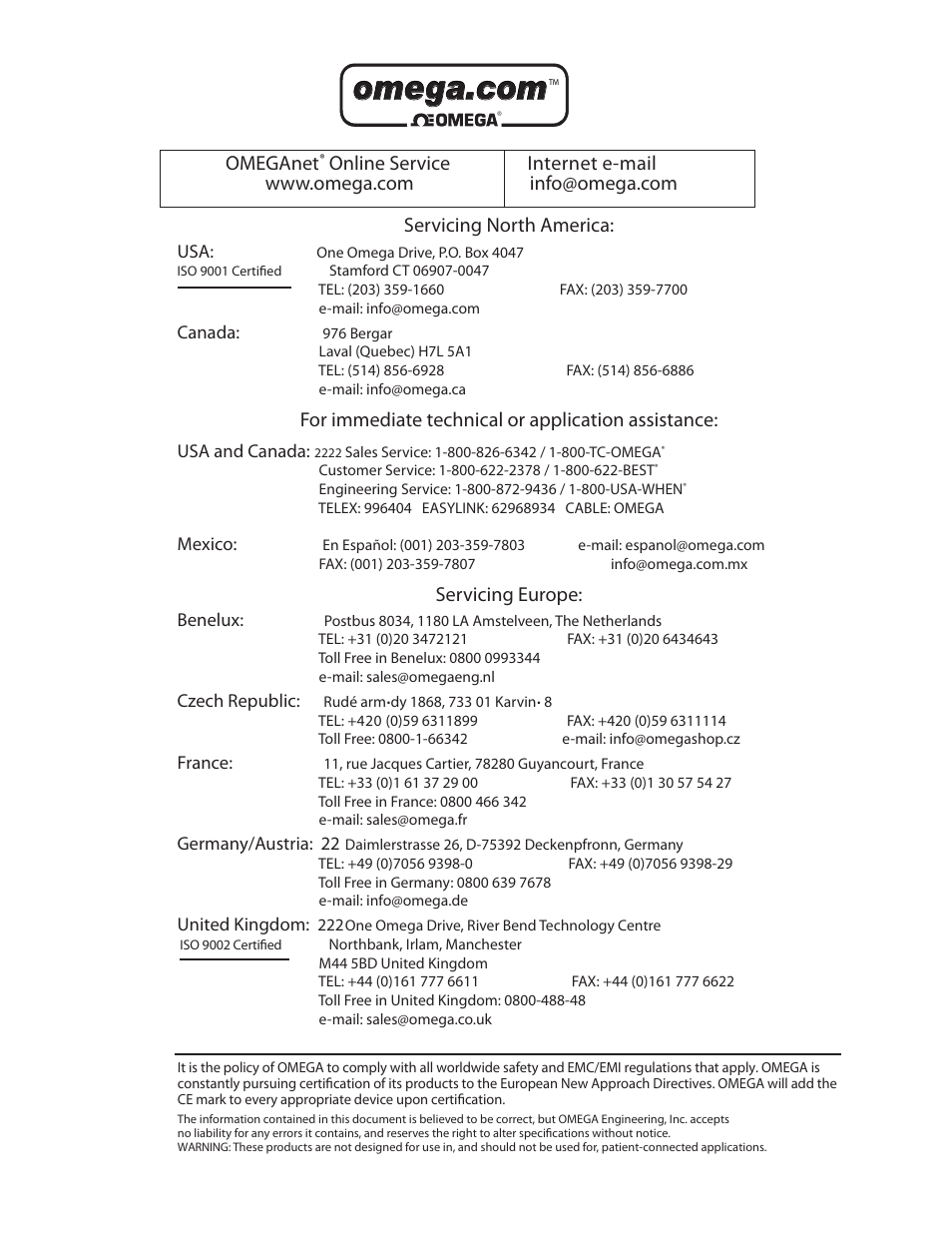 Servicing north america, For immediate technical or application assistance, Servicing europe | Omeganet, Online service internet e-mail | Omega CDTX-90 User Manual | Page 2 / 20
