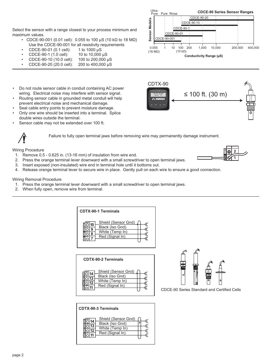 Sensor selection, 1 sensor connections 3. electrical connections, Cdtx-90 | Omega CDTX-90 User Manual | Page 4 / 20