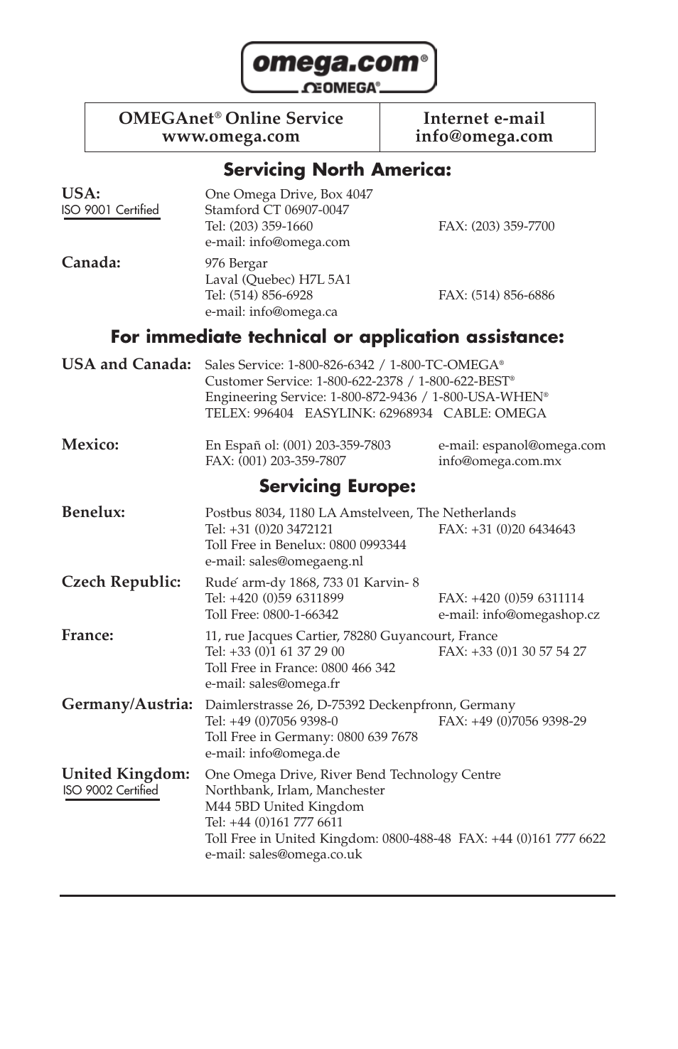 Servicing north america, For immediate technical or application assistance, Servicing europe | Omeganet | Omega FMA 1500 User Manual | Page 2 / 40