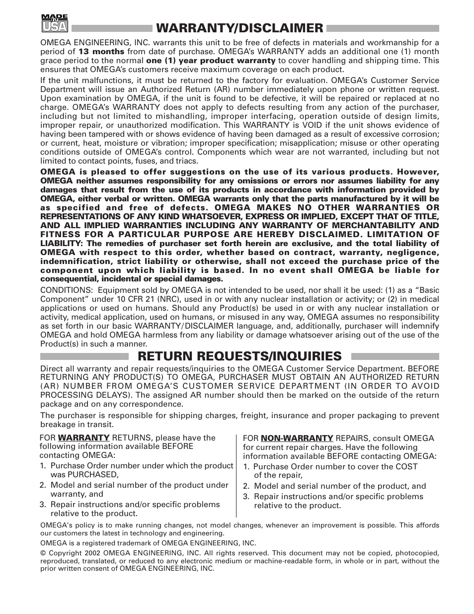 Warranty/disclaimer, Return requests/inquiries | Omega DMD-519 User Manual | Page 19 / 20