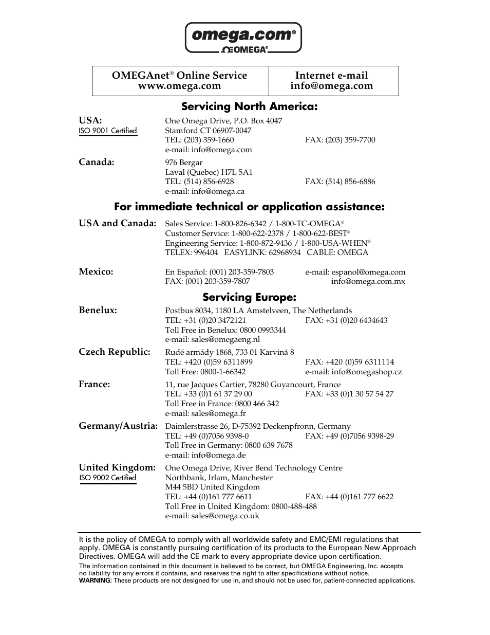 Servicing north america, For immediate technical or application assistance, Servicing europe | Omeganet | Omega DMD-519 User Manual | Page 2 / 20