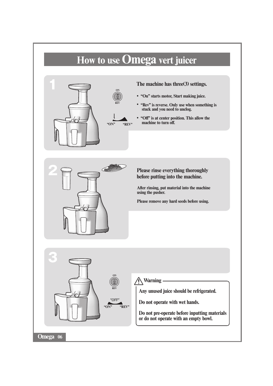 Omega, How to use, Vert juicer | Omega VRT330 User Manual | Page 8 / 15