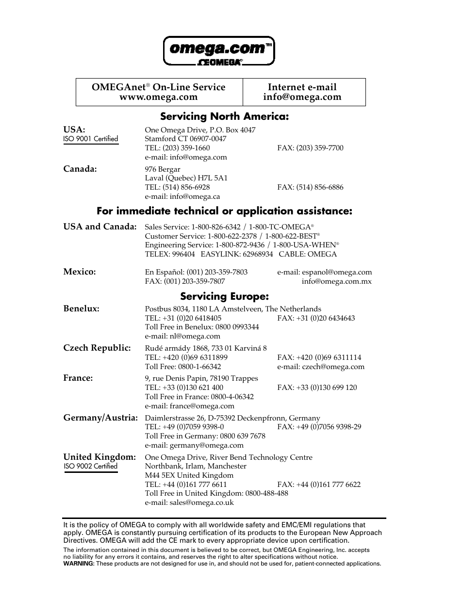 Servicing north america, For immediate technical or application assistance, Servicing europe | Omeganet | Omega PSW-850 User Manual | Page 2 / 7