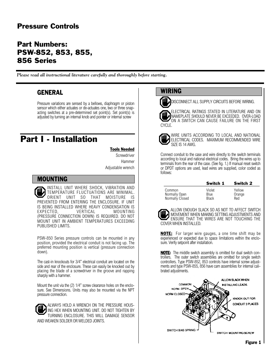 Part i - installation, General, Mounting | Wiring | Omega PSW-850 User Manual | Page 3 / 7