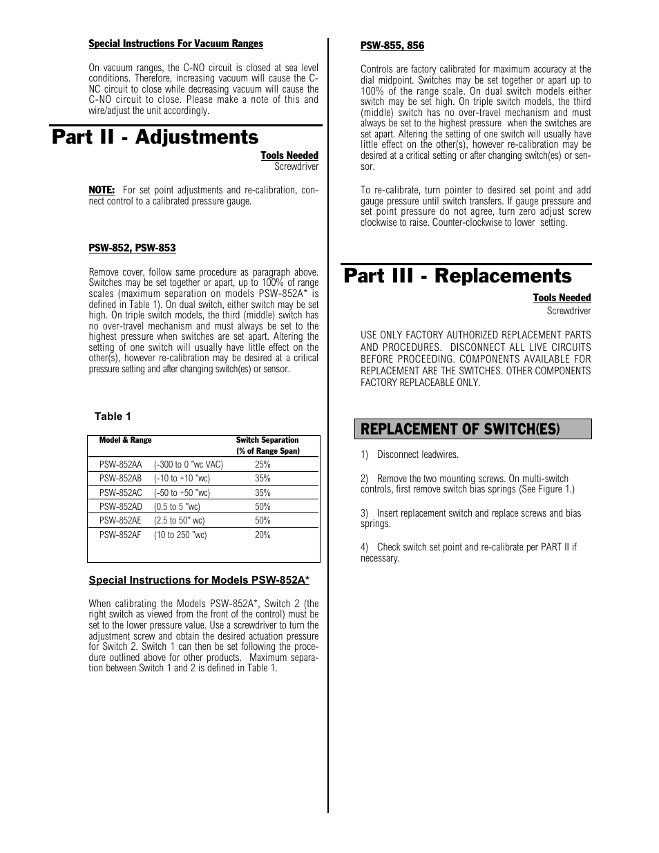 Part iii - replacements part ii - adjustments, Replacement of switch(es) | Omega PSW-850 User Manual | Page 4 / 7