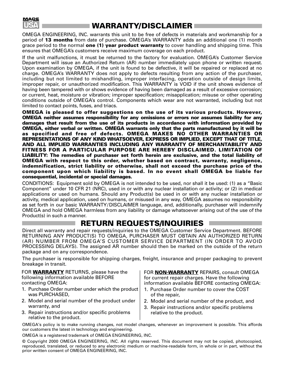 Warranty/disclaimer, Return requests/inquiries | Omega PSW-850 User Manual | Page 6 / 7