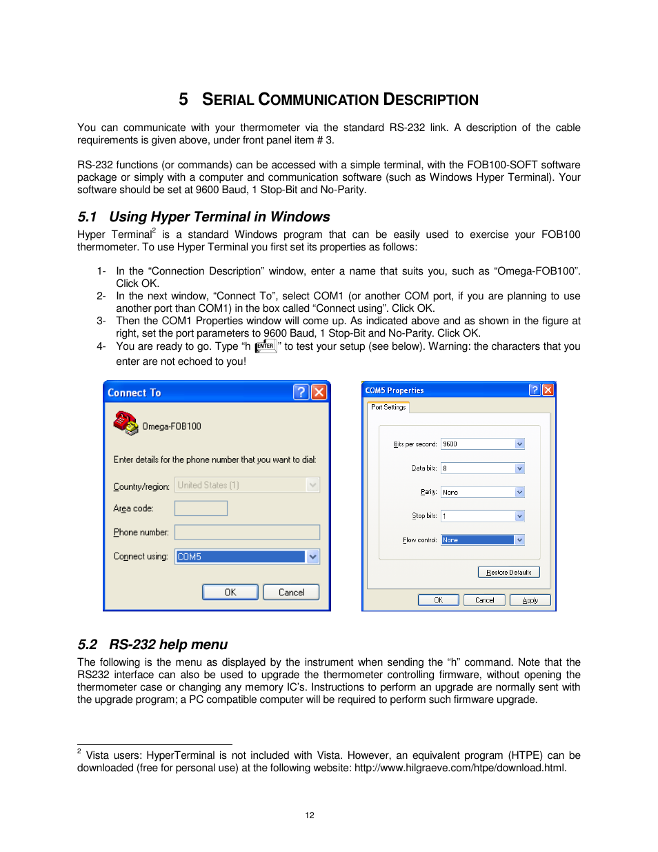 Erial, Ommunication, Escription | 1 using hyper terminal in windows, 2 rs-232 help menu | Omega FOB100 User Manual | Page 12 / 30