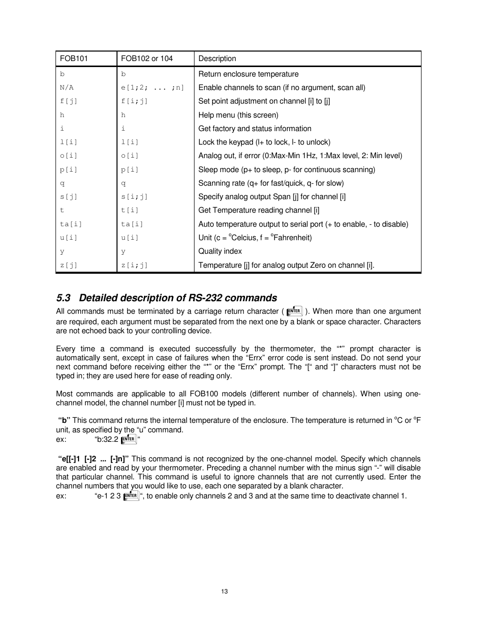 3 detailed description of rs-232 commands | Omega FOB100 User Manual | Page 13 / 30