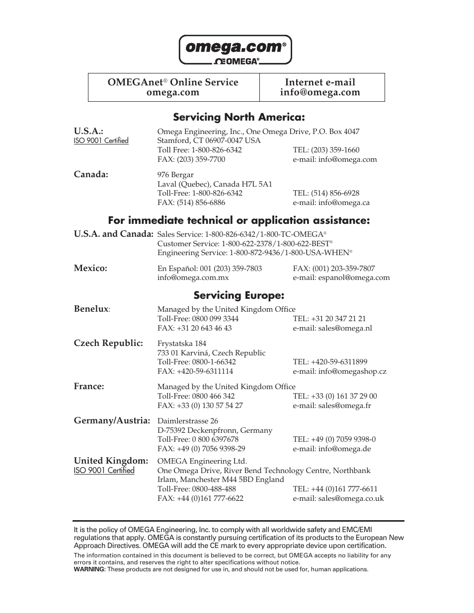 Servicing north america, For immediate technical or application assistance, Servicing europe | Omeganet | Omega FOB100 User Manual | Page 2 / 30