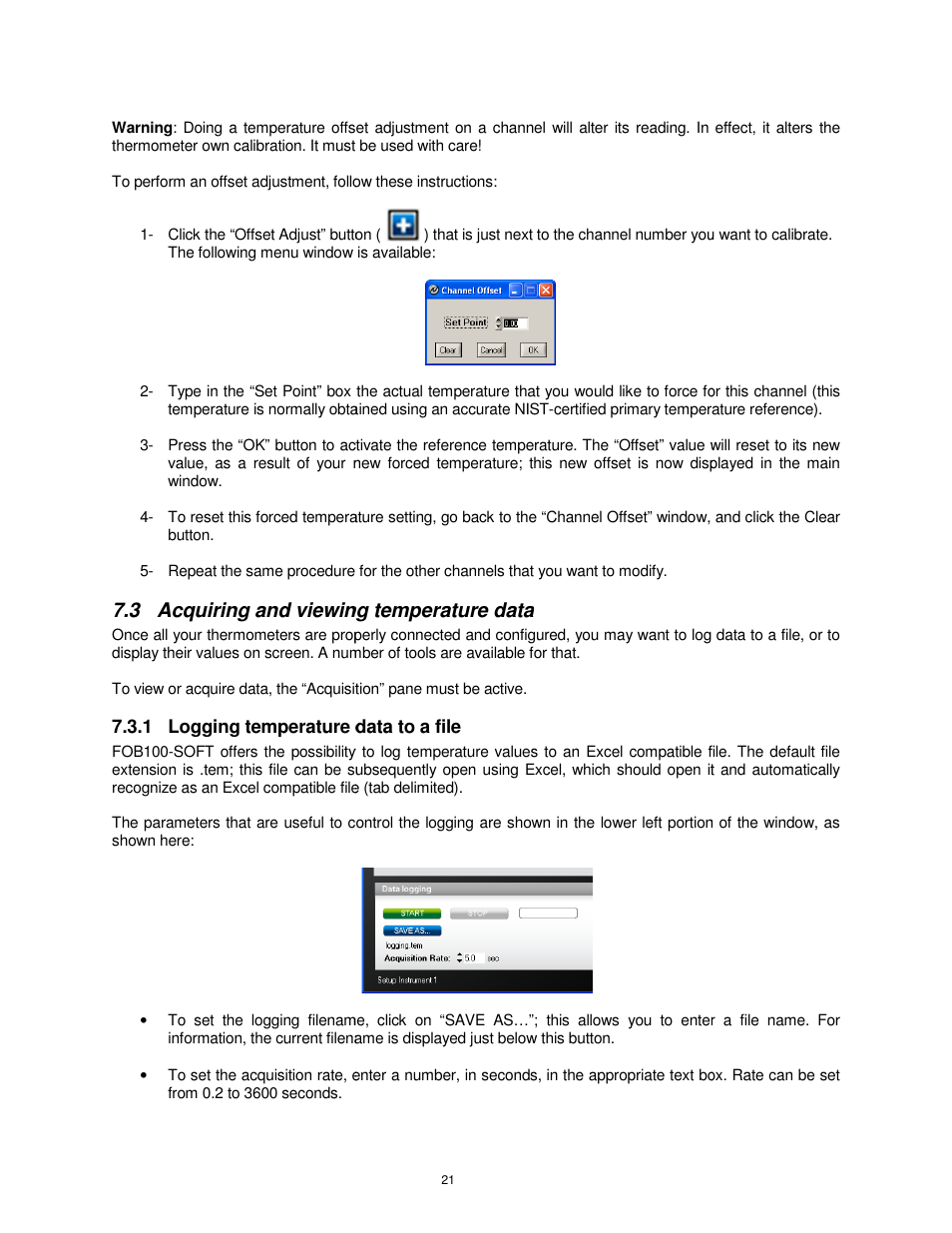 3 acquiring and viewing temperature data, Acquiring and viewing temperature data | Omega FOB100 User Manual | Page 21 / 30