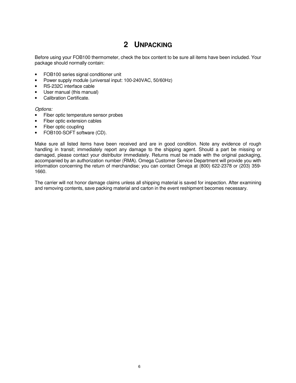 Npacking | Omega FOB100 User Manual | Page 6 / 30